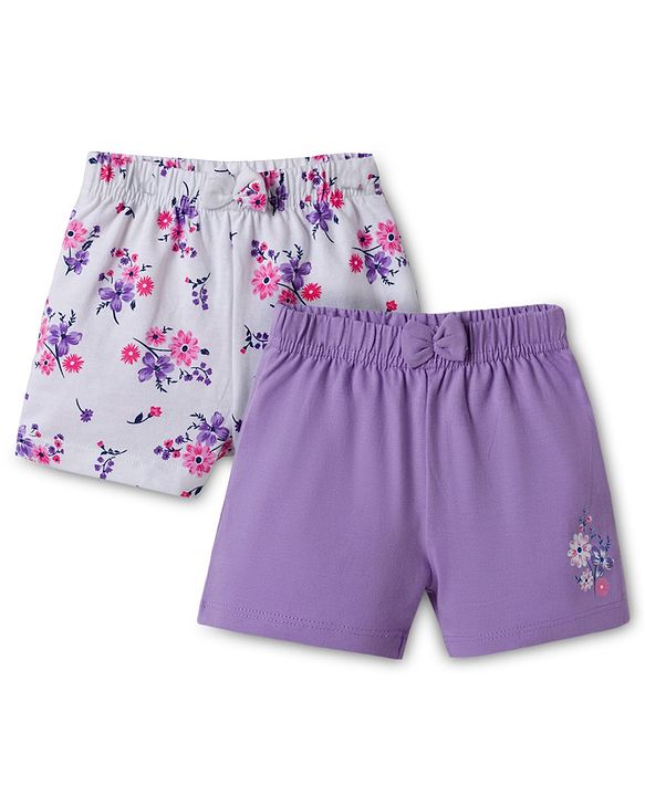 Babyhug Cotton Knit Mid Thigh Floral Printed Shorts With Bow Applique - Multicolour