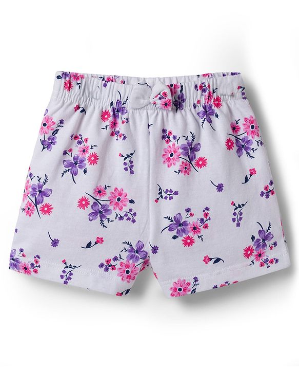 Babyhug Cotton Knit Mid Thigh Floral Printed Shorts With Bow Applique - Multicolour