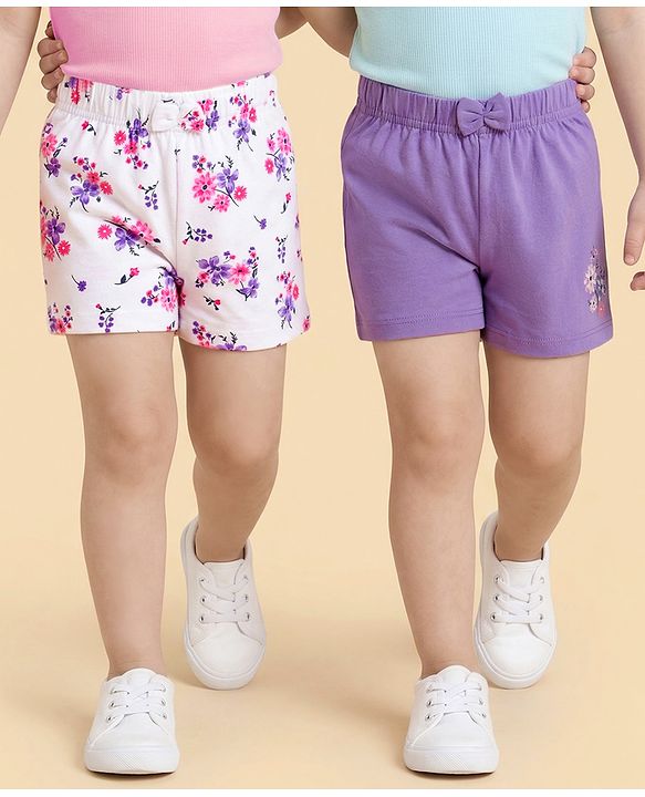 Babyhug Cotton Knit Mid Thigh Floral Printed Shorts With Bow Applique - Multicolour