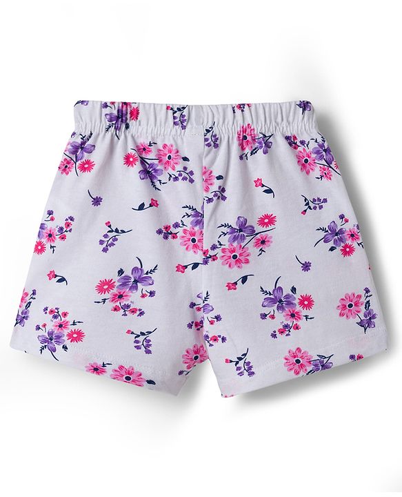 Babyhug Cotton Knit Mid Thigh Floral Printed Shorts With Bow Applique - Multicolour