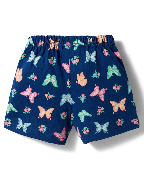 Babyhug Cotton Knit Mid Thigh Shorts with Floral & Butterfly Print & Bow Applique Pack of 2 - Navy Blue & Pink