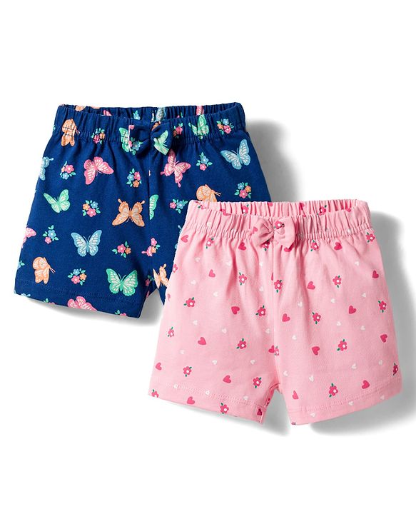 Babyhug Cotton Knit Mid Thigh Shorts with Floral & Butterfly Print & Bow Applique Pack of 2 - Navy Blue & Pink
