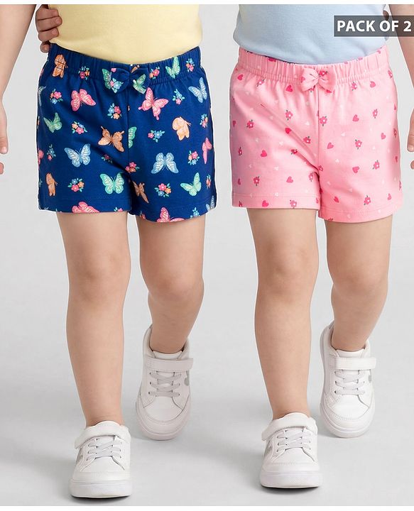 Babyhug Cotton Knit Mid Thigh Shorts with Floral & Butterfly Print & Bow Applique Pack of 2 - Navy Blue & Pink
