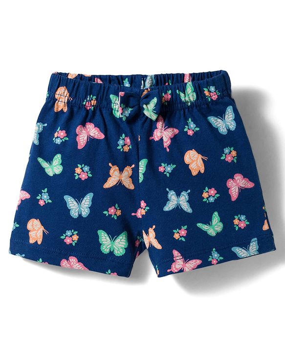 Babyhug Cotton Knit Mid Thigh Shorts with Floral & Butterfly Print & Bow Applique Pack of 2 - Navy Blue & Pink
