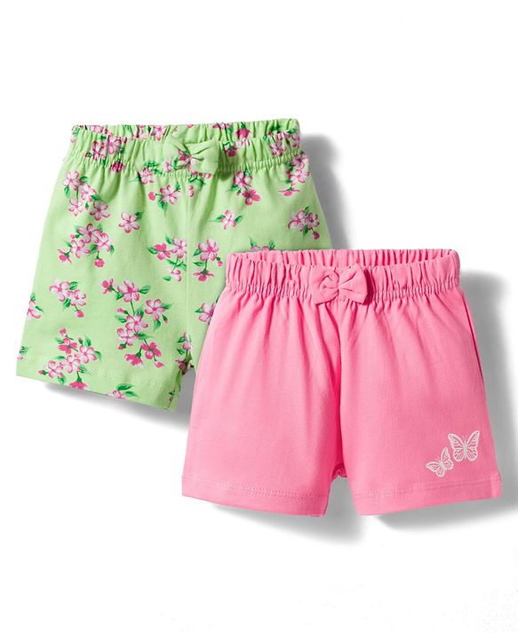 Babyhug Cotton Knit Mid Thigh Shorts with Floral & Butterfly Print & Bow Applique Pack of 2 - Light Green & Pink