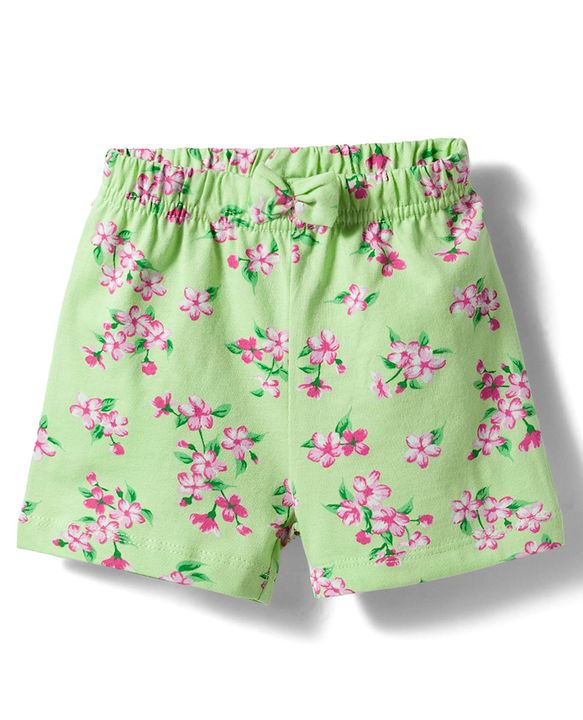Babyhug Cotton Knit Mid Thigh Shorts with Floral & Butterfly Print & Bow Applique Pack of 2 - Light Green & Pink
