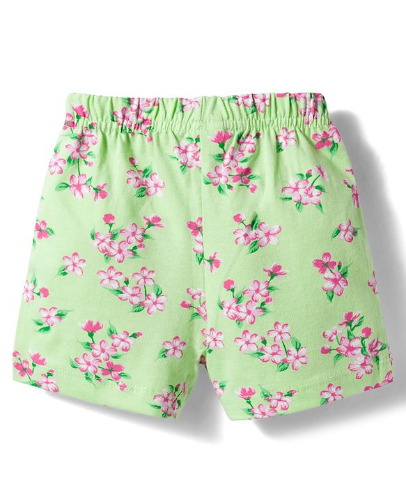 Babyhug Cotton Knit Mid Thigh Shorts with Floral & Butterfly Print & Bow Applique Pack of 2 - Light Green & Pink