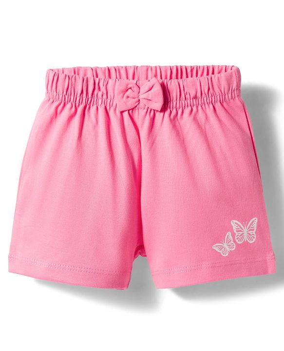 Babyhug Cotton Knit Mid Thigh Shorts with Floral & Butterfly Print & Bow Applique Pack of 2 - Light Green & Pink