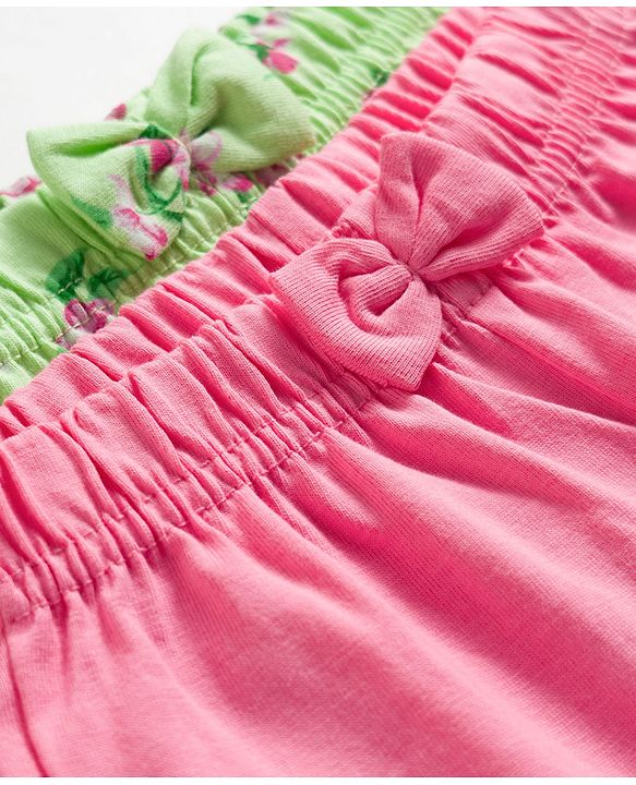 Babyhug Cotton Knit Mid Thigh Shorts with Floral & Butterfly Print & Bow Applique Pack of 2 - Light Green & Pink