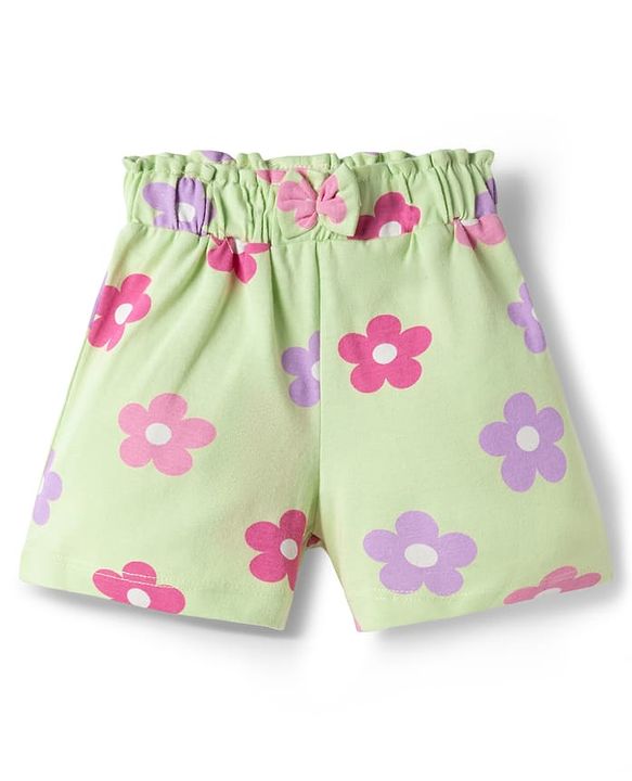 Babyhug Cotton Knit Mid Thigh Floral Printed Shorts With Bow Applique - Light Green