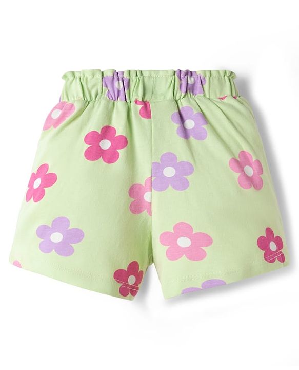Babyhug Cotton Knit Mid Thigh Floral Printed Shorts With Bow Applique - Light Green