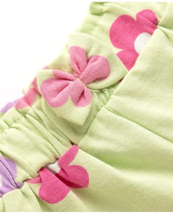 Babyhug Cotton Knit Mid Thigh Floral Printed Shorts With Bow Applique - Light Green