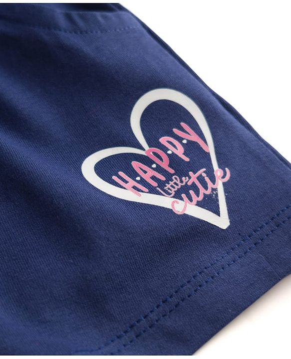 Babyhug Cotton Knit Mid Thigh Heart & Text Printed Shorts With Bow Applique - Navy Blue