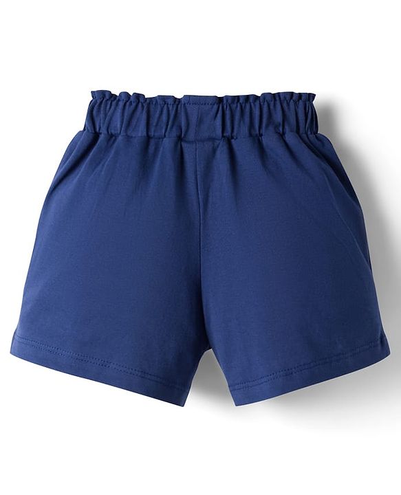 Babyhug Cotton Knit Mid Thigh Heart & Text Printed Shorts With Bow Applique - Navy Blue