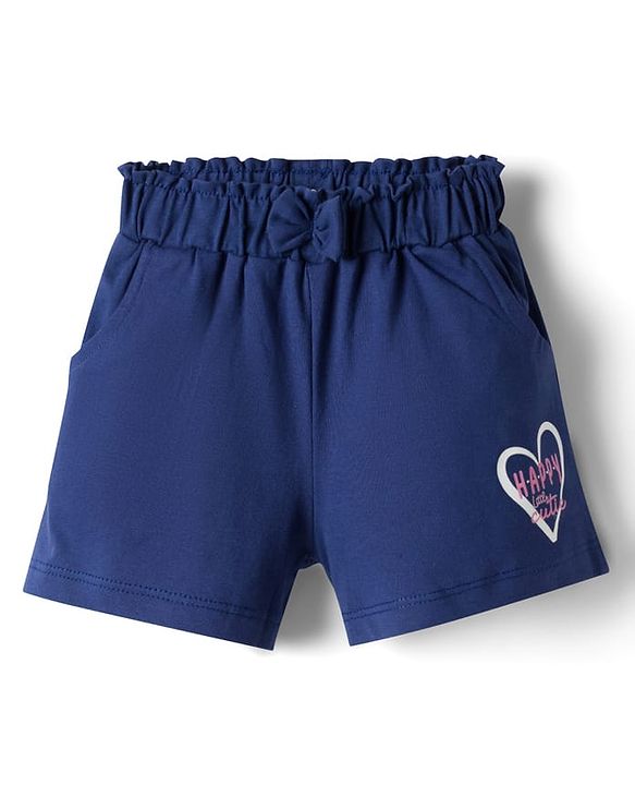 Babyhug Cotton Knit Mid Thigh Heart & Text Printed Shorts With Bow Applique - Navy Blue