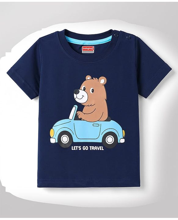 Babyhug 100% Cotton Knit Half Sleeves Striped Animal & Vehicles Printed T-Shirts Pack of 3 - Navy Blue Brown & White