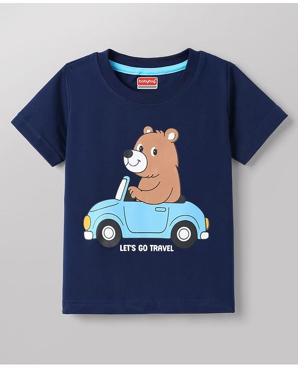 Babyhug 100% Cotton Knit Half Sleeves Striped Animal & Vehicles Printed T-Shirts Pack of 3 - Navy Blue Brown & White