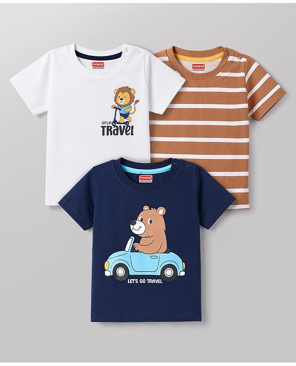 Babyhug 100% Cotton Knit Half Sleeves Striped Animal & Vehicles Printed T-Shirts Pack of 3 - Navy Blue Brown & White