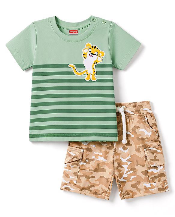 Babyhug 100% Cotton Single Jersey Knit Half Sleeves Striped T-Shirt With Lion Patch & Military Cargo Shorts Set - Green & Beige