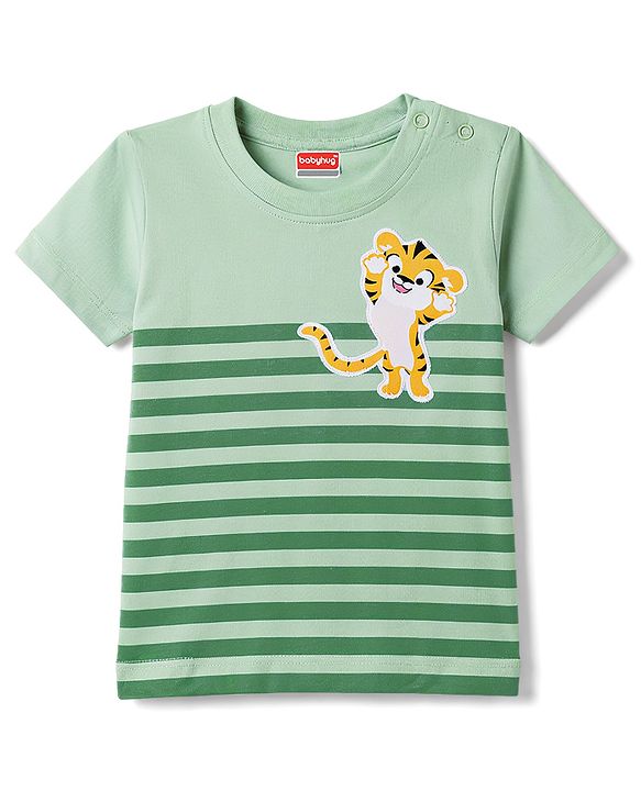 Babyhug 100% Cotton Single Jersey Knit Half Sleeves Striped T-Shirt With Lion Patch & Military Cargo Shorts Set - Green & Beige