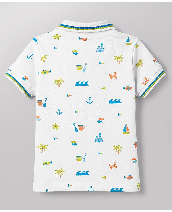 Babyhug Single Jersey Knit Half Sleeves Polo T-Shirt & Denim Shorts Set With Sea Life Print - White & Blue