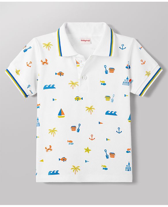 Babyhug Single Jersey Knit Half Sleeves Polo T-Shirt & Denim Shorts Set With Sea Life Print - White & Blue