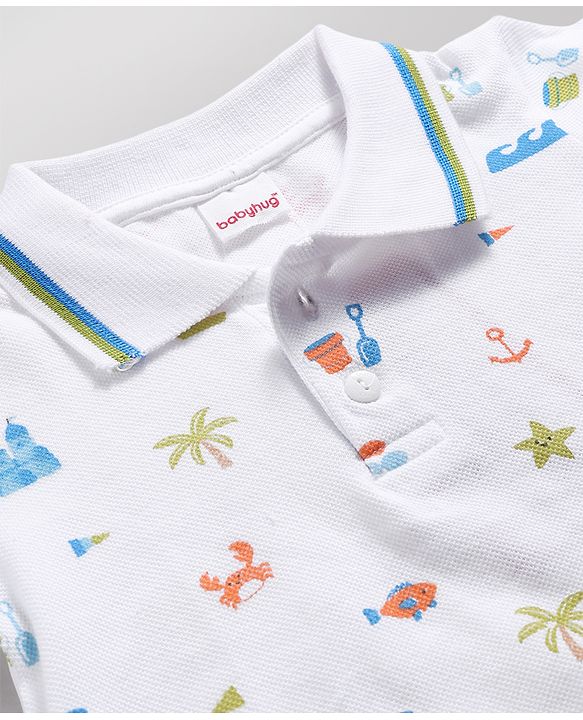 Babyhug Single Jersey Knit Half Sleeves Polo T-Shirt & Denim Shorts Set With Sea Life Print - White & Blue