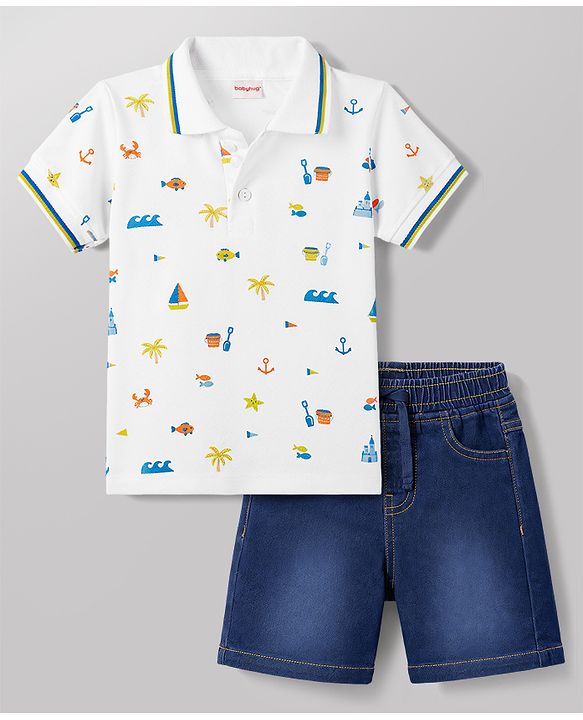Babyhug Single Jersey Knit Half Sleeves Polo T-Shirt & Denim Shorts Set With Sea Life Print - White & Blue