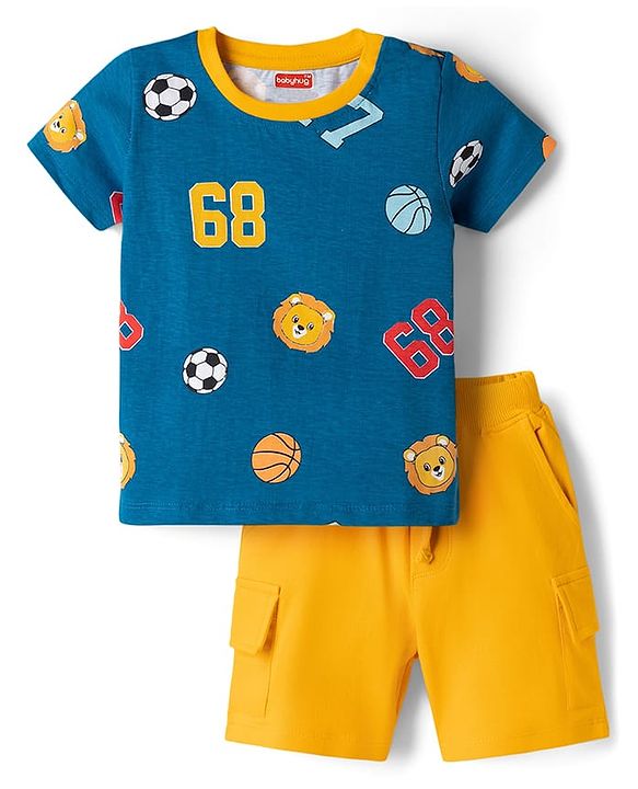 Babyhug Single Jersey Knit Half Sleeves T-Shirt & Shorts Set with Basketball Print - Blue