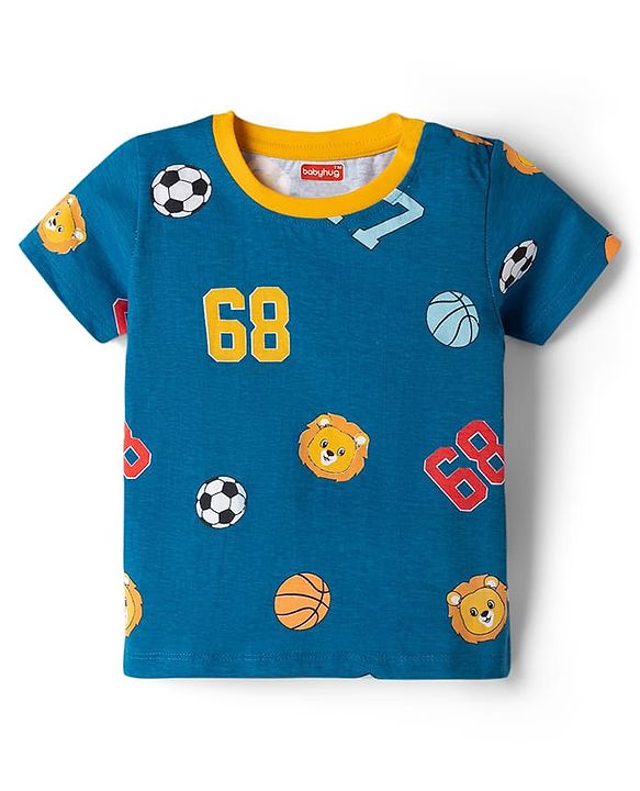 Babyhug Single Jersey Knit Half Sleeves T-Shirt & Shorts Set with Basketball Print - Blue