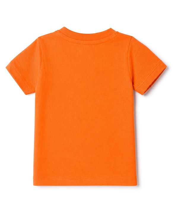 Babyhug 100% Cotton Single Jersey Knit Half Sleeves Shoulder Snap Buttons T-Shirt & Shorts Set With Dino & Bestes Mummasaur Print - Orange & Navy Blue