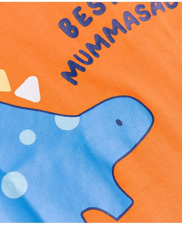 Babyhug 100% Cotton Single Jersey Knit Half Sleeves Shoulder Snap Buttons T-Shirt & Shorts Set With Dino & Bestes Mummasaur Print - Orange & Navy Blue