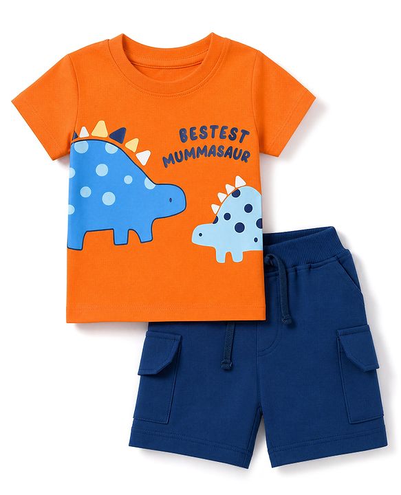 Babyhug 100% Cotton Single Jersey Knit Half Sleeves Shoulder Snap Buttons T-Shirt & Shorts Set With Dino & Bestes Mummasaur Print - Orange & Navy Blue