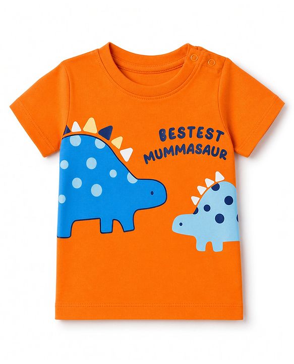 Babyhug 100% Cotton Single Jersey Knit Half Sleeves Shoulder Snap Buttons T-Shirt & Shorts Set With Dino & Bestes Mummasaur Print - Orange & Navy Blue