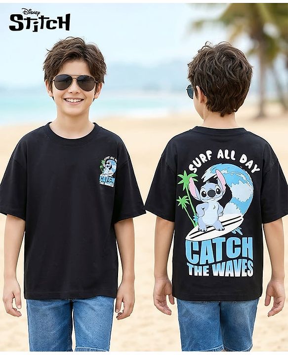 Pine Kids Disney 100% Cotton Knit Drop Shoulder Half Sleeves T-Shirt With Lilo & Stitch Front & Back Print - Black