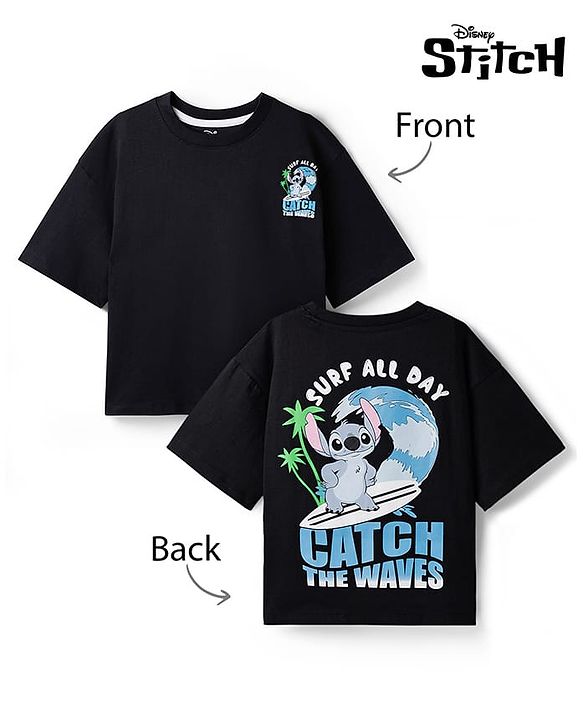 Pine Kids Disney 100% Cotton Knit Drop Shoulder Half Sleeves T-Shirt With Lilo & Stitch Front & Back Print - Black