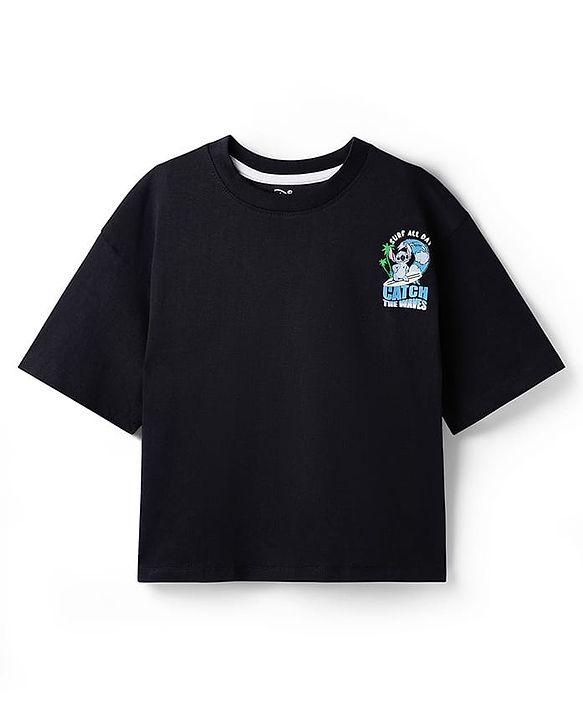 Pine Kids Disney 100% Cotton Knit Drop Shoulder Half Sleeves T-Shirt With Lilo & Stitch Front & Back Print - Black