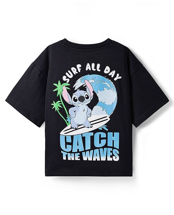 Pine Kids Disney 100% Cotton Knit Drop Shoulder Half Sleeves T-Shirt With Lilo & Stitch Front & Back Print - Black