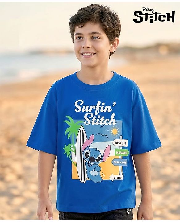 Pine Kids Disney Single Jersey Knit Drop Shoulder Half Sleeves Lilo & Stitch Graphic - Blue
