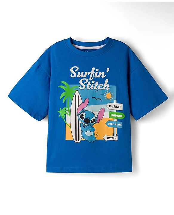 Pine Kids Disney Single Jersey Knit Drop Shoulder Half Sleeves Lilo & Stitch Graphic - Blue