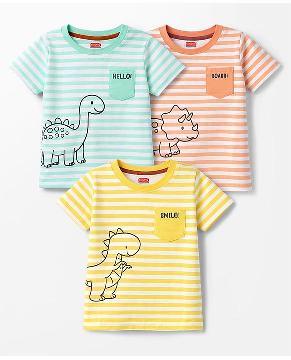 Babyhug 100% Cotton Knit T-Shirts Half Sleeves with Graphics Pack of 3 Multi Color 6-9 Months