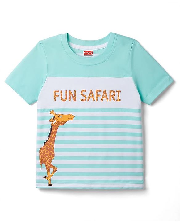 Babyhug 100% Cotton Knit Half Sleeves Giraffe Printed & Striped T-Shirt & Shorts Set - Light Blue & Green