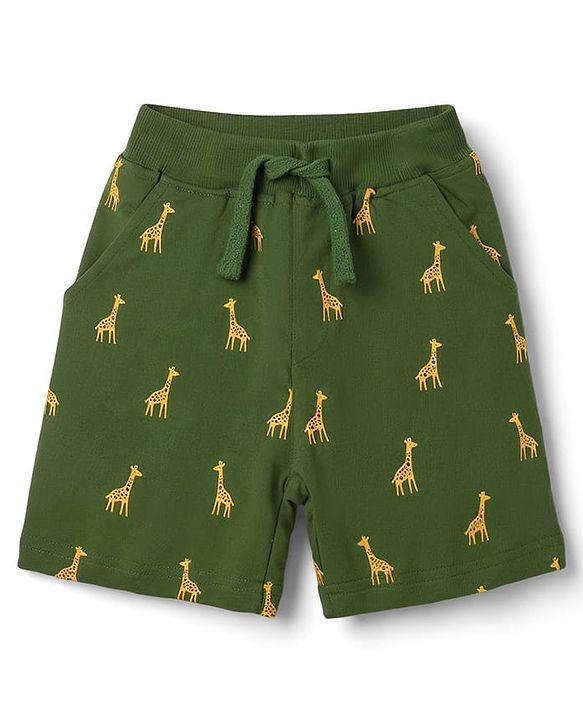 Babyhug 100% Cotton Knit Half Sleeves Giraffe Printed & Striped T-Shirt & Shorts Set - Light Blue & Green
