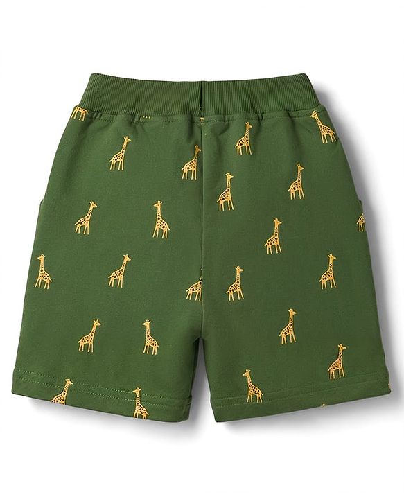 Babyhug 100% Cotton Knit Half Sleeves Giraffe Printed & Striped T-Shirt & Shorts Set - Light Blue & Green