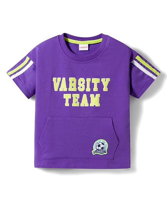 Babyhug Single Jersey Knit Half Sleeves T-Shirt & Shorts Set with Varsity Print - Purple & Light Green