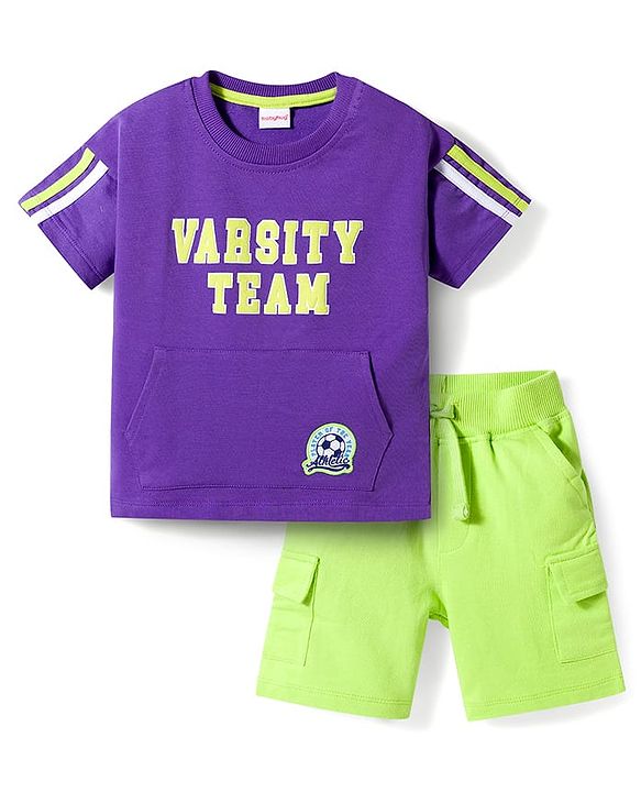 Babyhug Single Jersey Knit Half Sleeves T-Shirt & Shorts Set with Varsity Print - Purple & Light Green