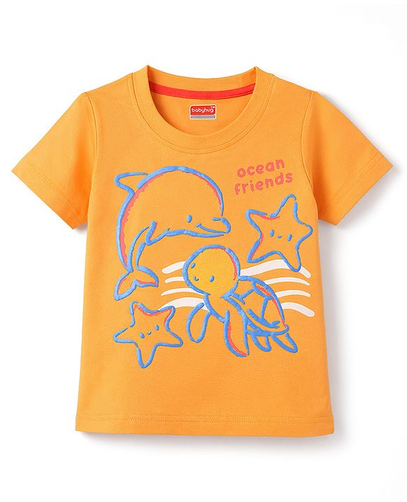 Babyhug Cotton Knit T-Shirt with Graphics Half Sleeves Round Neck Orange Color 6-9 Months