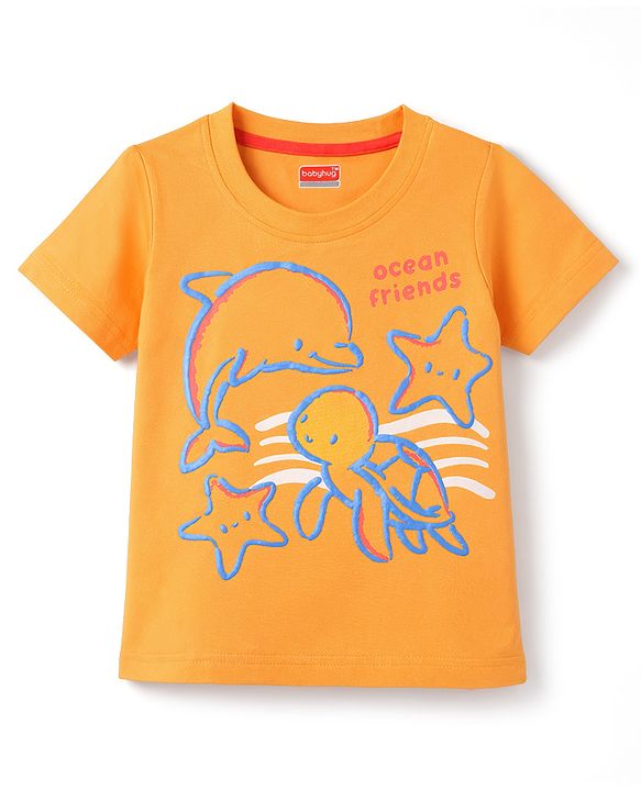 Babyhug Cotton Knit T-Shirt with Graphics Half Sleeves Round Neck Orange Color 6-9 Months