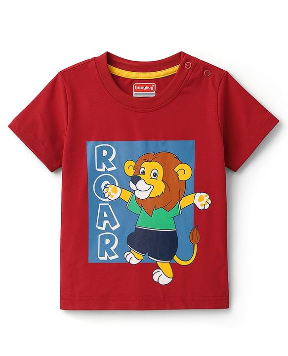 Babyhug Single Jersey Knit Half Sleeves T-Shirt & Denim Shorts With Lion Print - Red & Blue