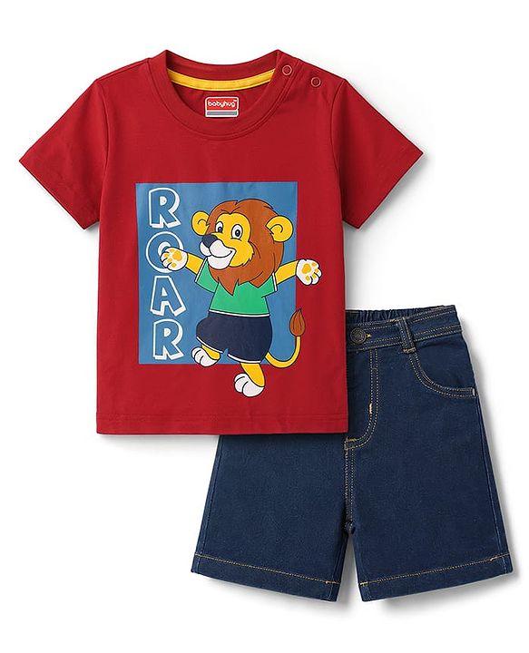 Babyhug Single Jersey Knit Half Sleeves T-Shirt & Denim Shorts With Lion Print - Red & Blue
